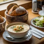 A bowl of Panera Broccoli Cheddar soup in a bread bowl with a side salad and cup of tea on a rustic wooden table