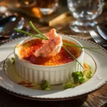 Crab brulee recipe​ brulee in a white ramekin with a caramelized crust