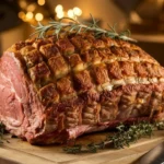 Perfectly cooked prime rib roast with herbs on a wooden cutting board