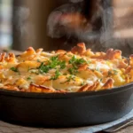 Homemade hamburger potato casserole with golden cheese topping.