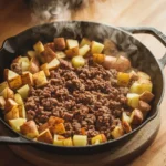 Do You Cook Potatoes or Ground Beef First? A sizzling skillet with crispy potatoes and juicy ground beef, perfectly cooked together