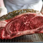 A prime rib roast seasoned with a dry rub, ready for overnight preparation