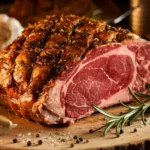 Perfectly seasoned prime rib roast with a crispy crust