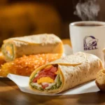 Taco Bell breakfast meal with Crunchwrap, hash browns, and coffee