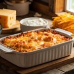 Freshly baked Amish casserole with melted cheese in a rustic kitchen