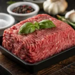 What does carne molida mean? Freshly ground meat with spices on a wooden board.