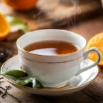 Steaming cup of Earl Grey tea with loose tea leaves and bergamot oranges.