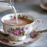 Do you put milk in Earl Grey? A close-up of milk being poured into a floral teacup filled with Earl Grey tea.