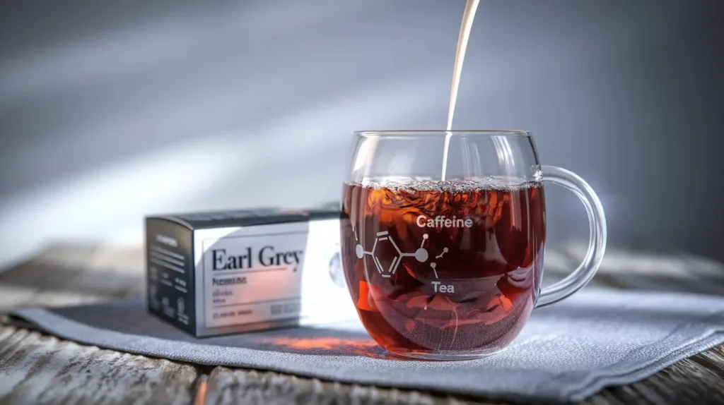 Is Earl Grey tea high in caffeine? A steaming cup of Earl Grey with bergamot and caffeine structure in the background.