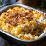Smoked mac and cheese in a cast iron skillet with crispy topping.