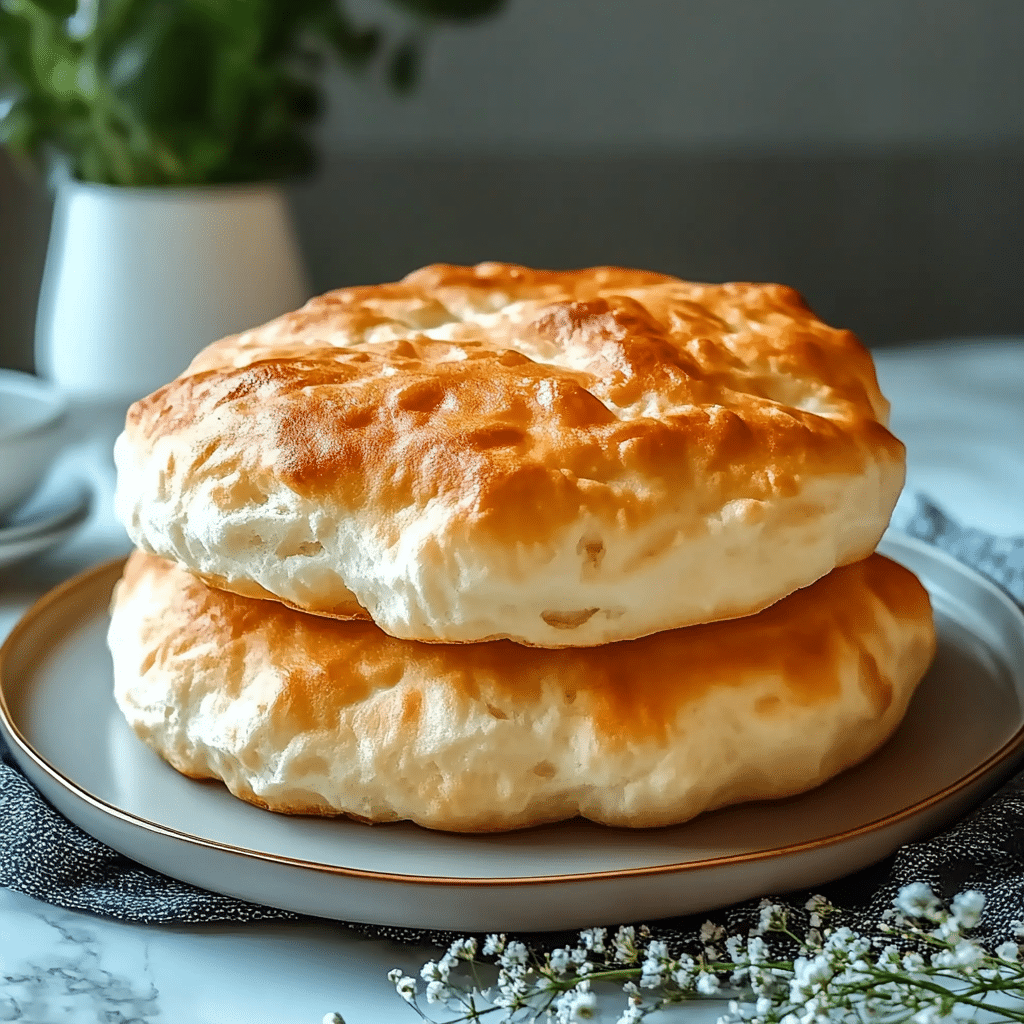 Two golden, Fluffy Cottage Cheese Cloud Bread stacked on a ceramic plate on a marble countertop