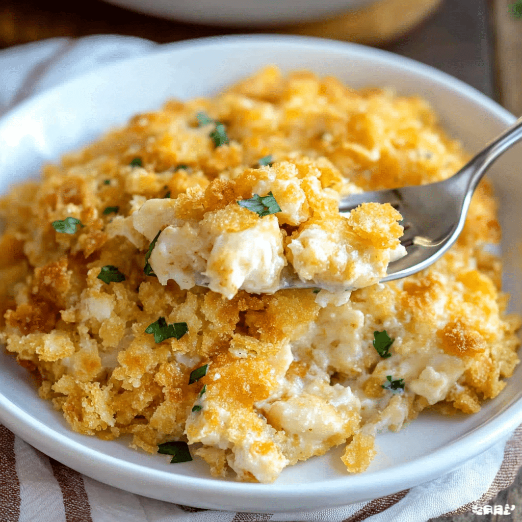 Recipe for Chicken Ritz Cracker Casserole in baking dish