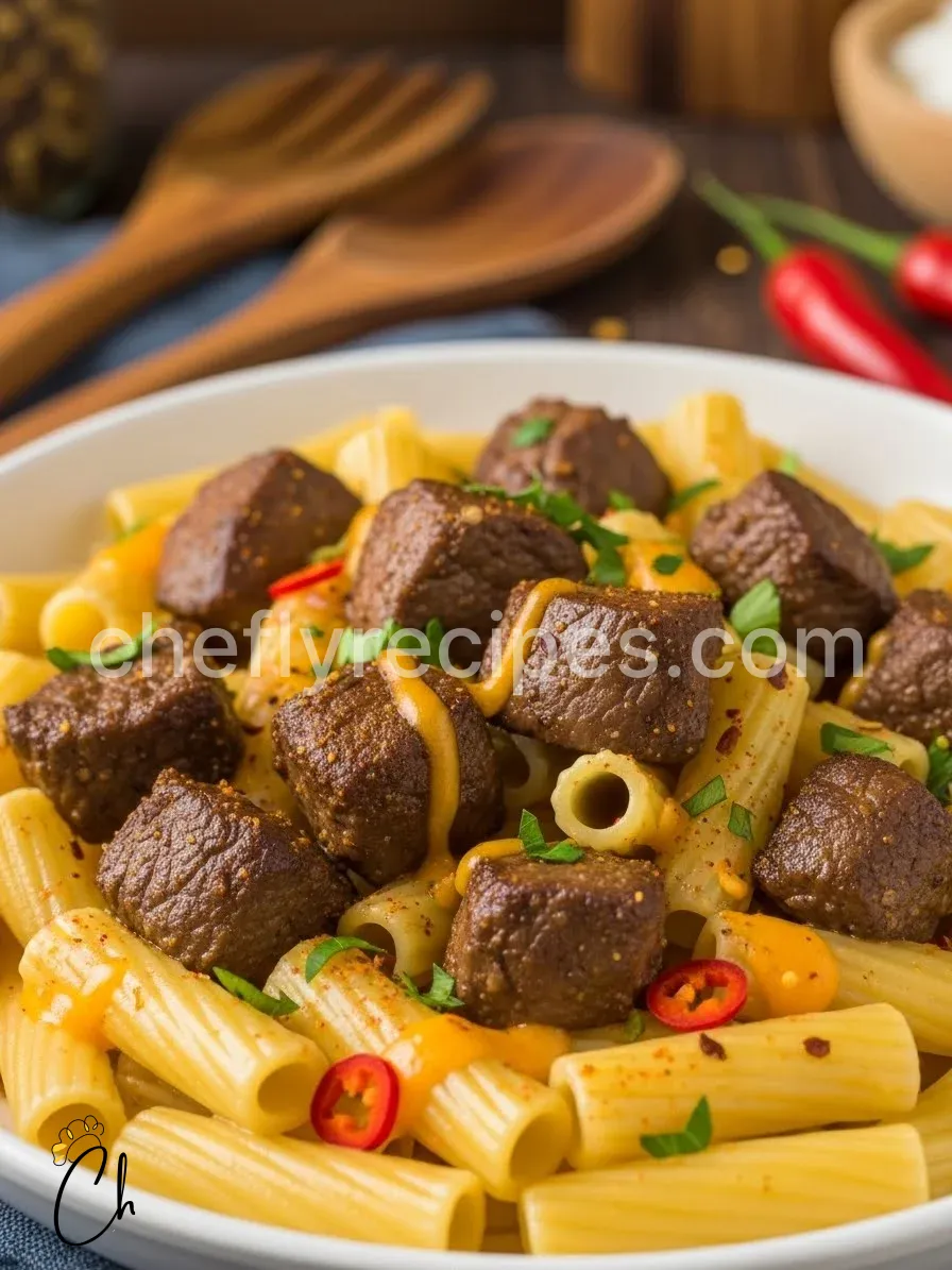 Cajun Steak Tips in Cheesy Rigatoni