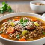 Sausage lentil soup with carrots, celery, and parmesan rind
