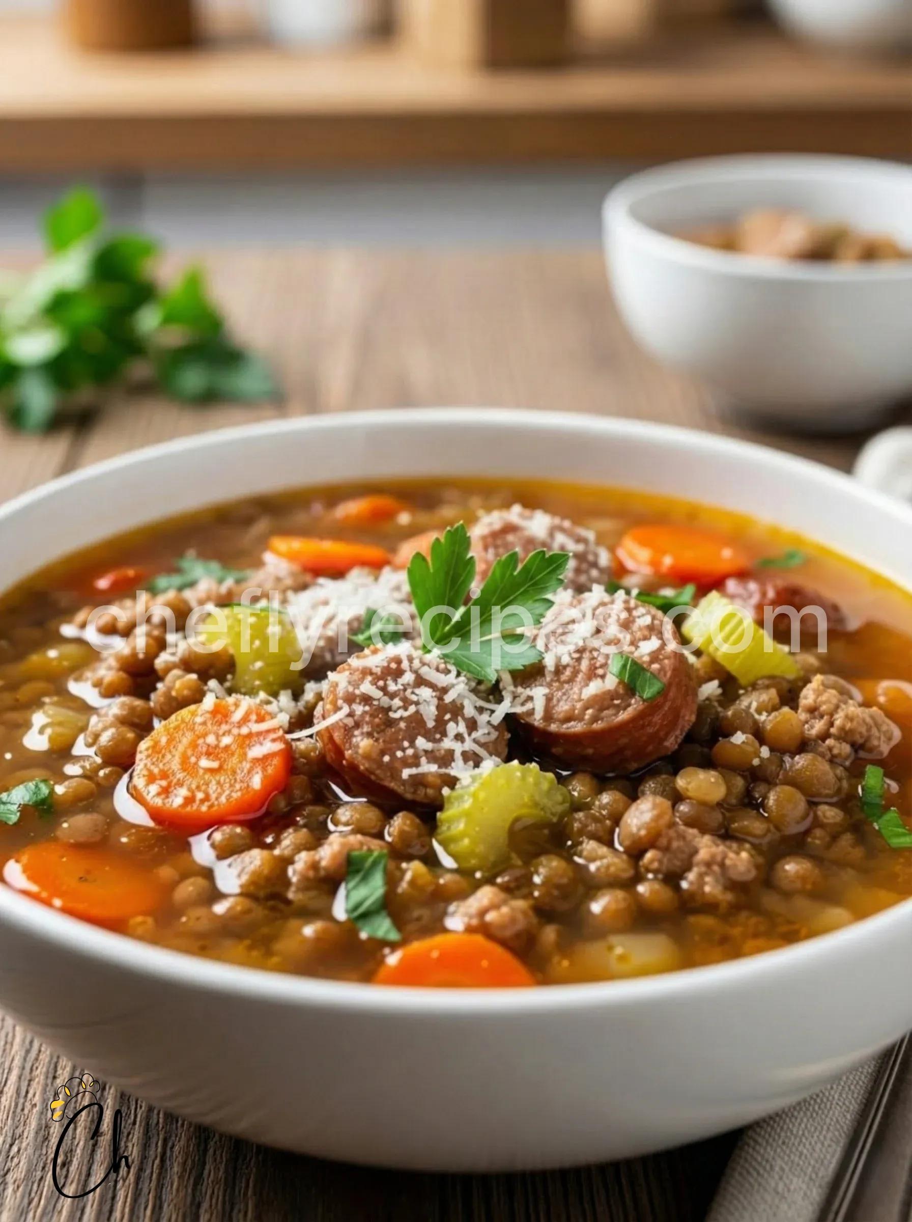 Sausage lentil soup with carrots, celery, and parmesan rind