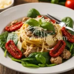 Creamy sausage pasta with sun dried tomatoes and spinach