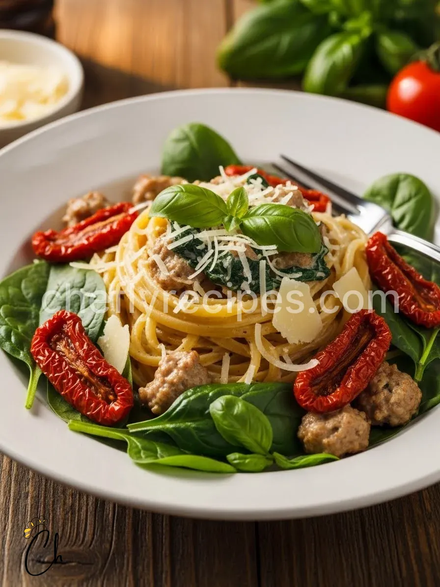 Creamy sausage pasta with sun dried tomatoes and spinach