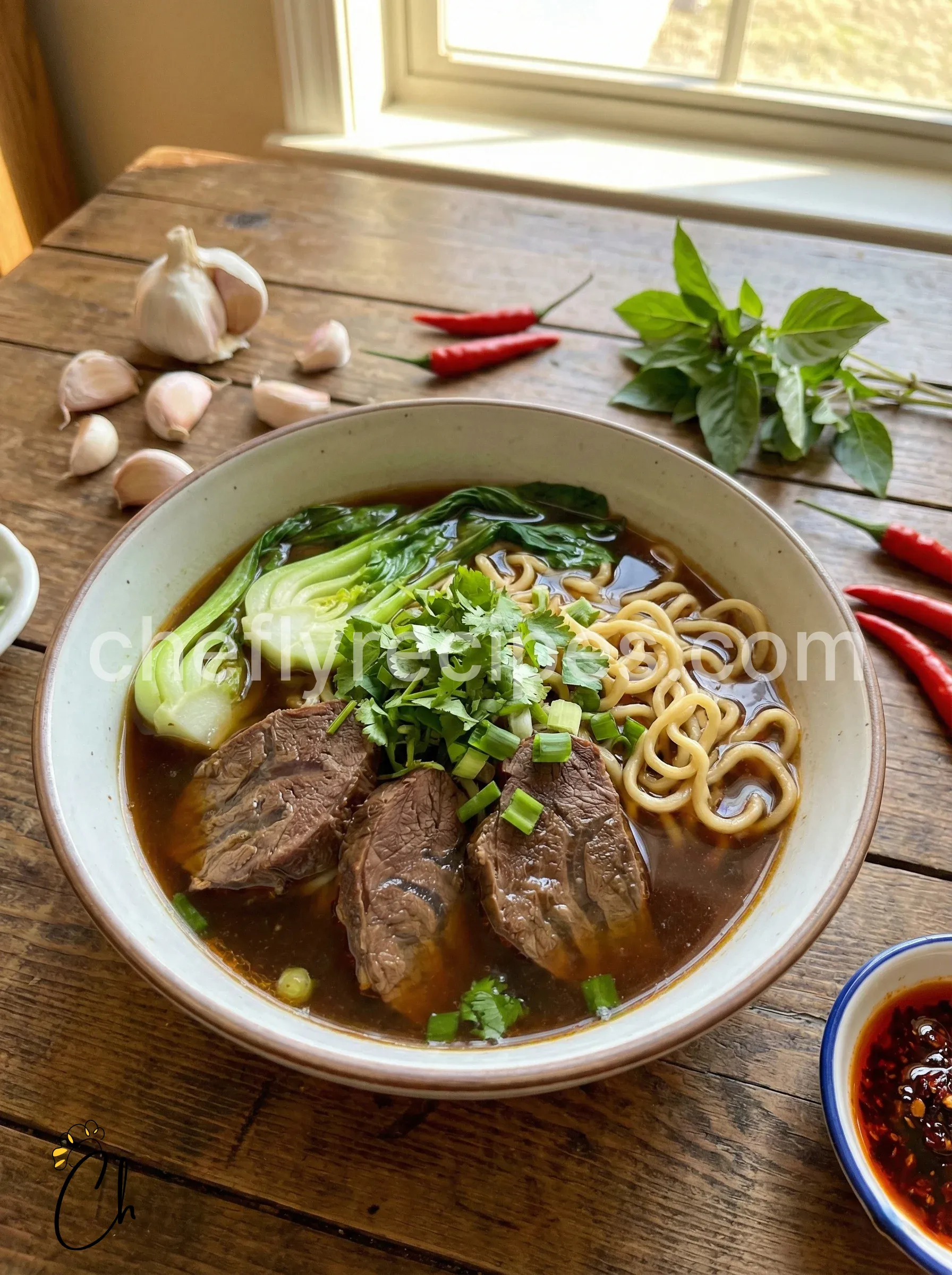 Beef noodle soup with garlic chili oil and bok choy