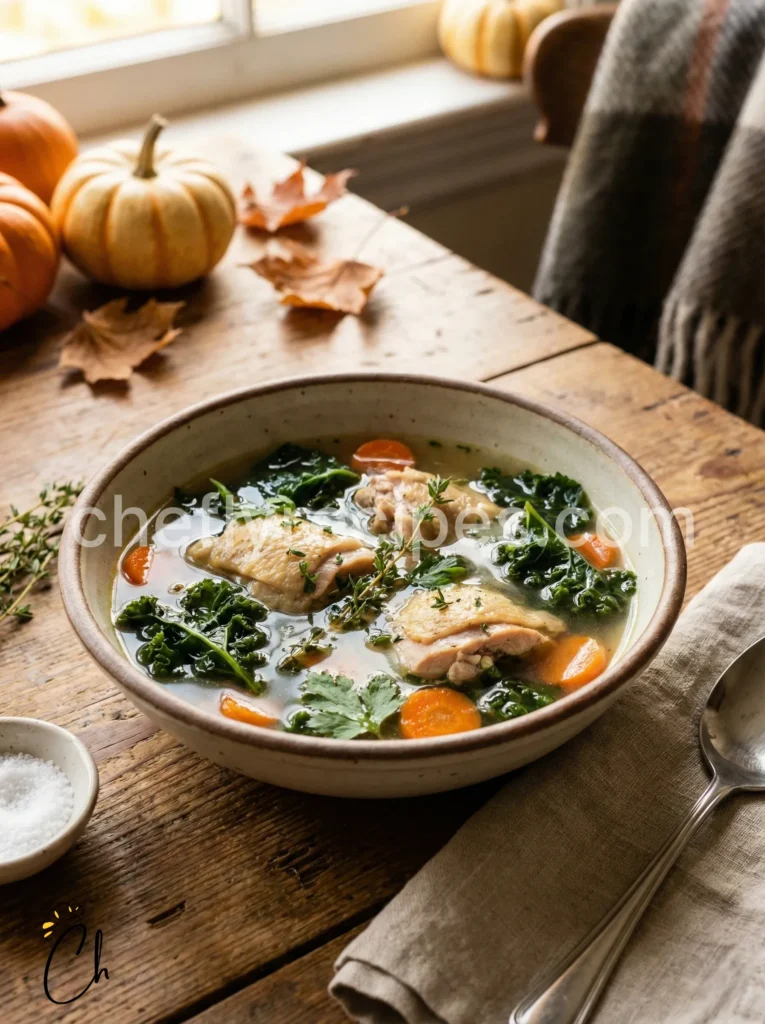 Chicken thigh soup with vegetables and herb broth