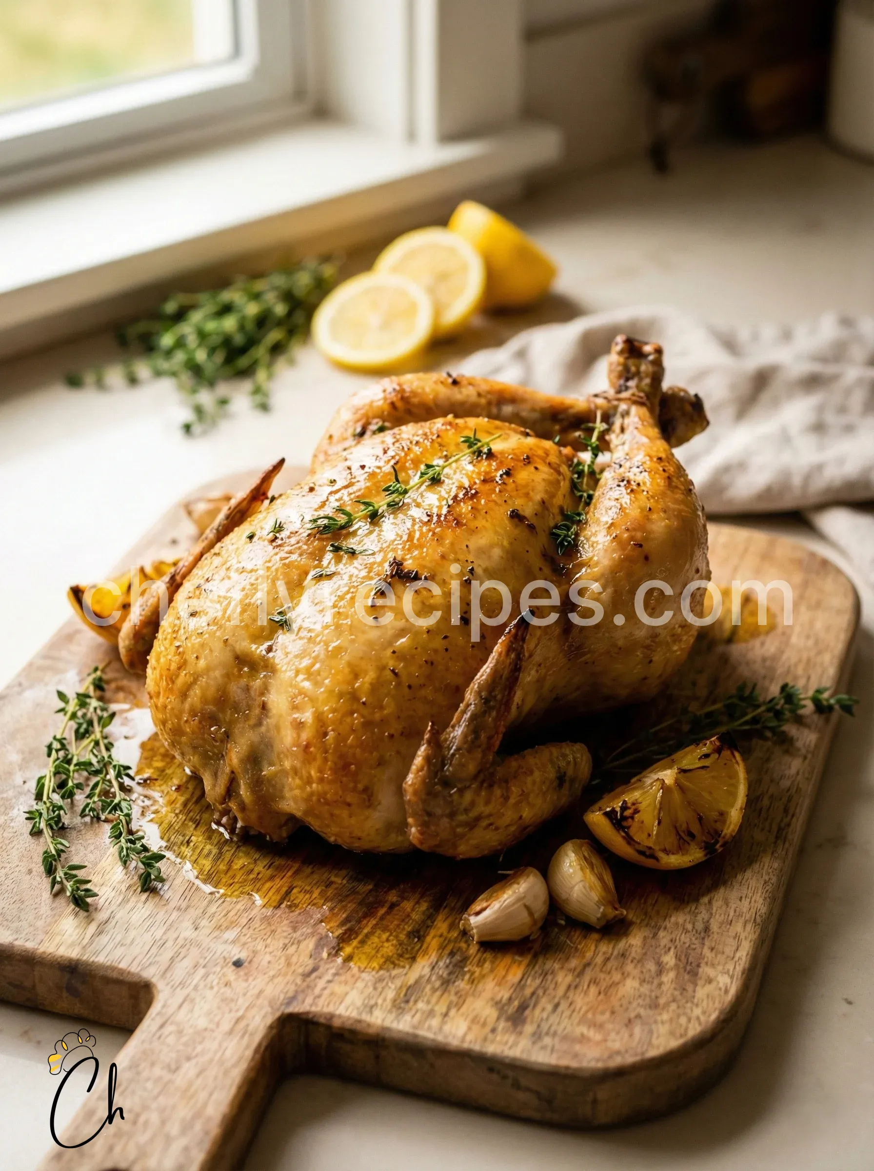 Lemon garlic thyme roast chicken in the Ina Garten style