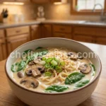 Creamy ramen noodle soup with mushrooms and spinach