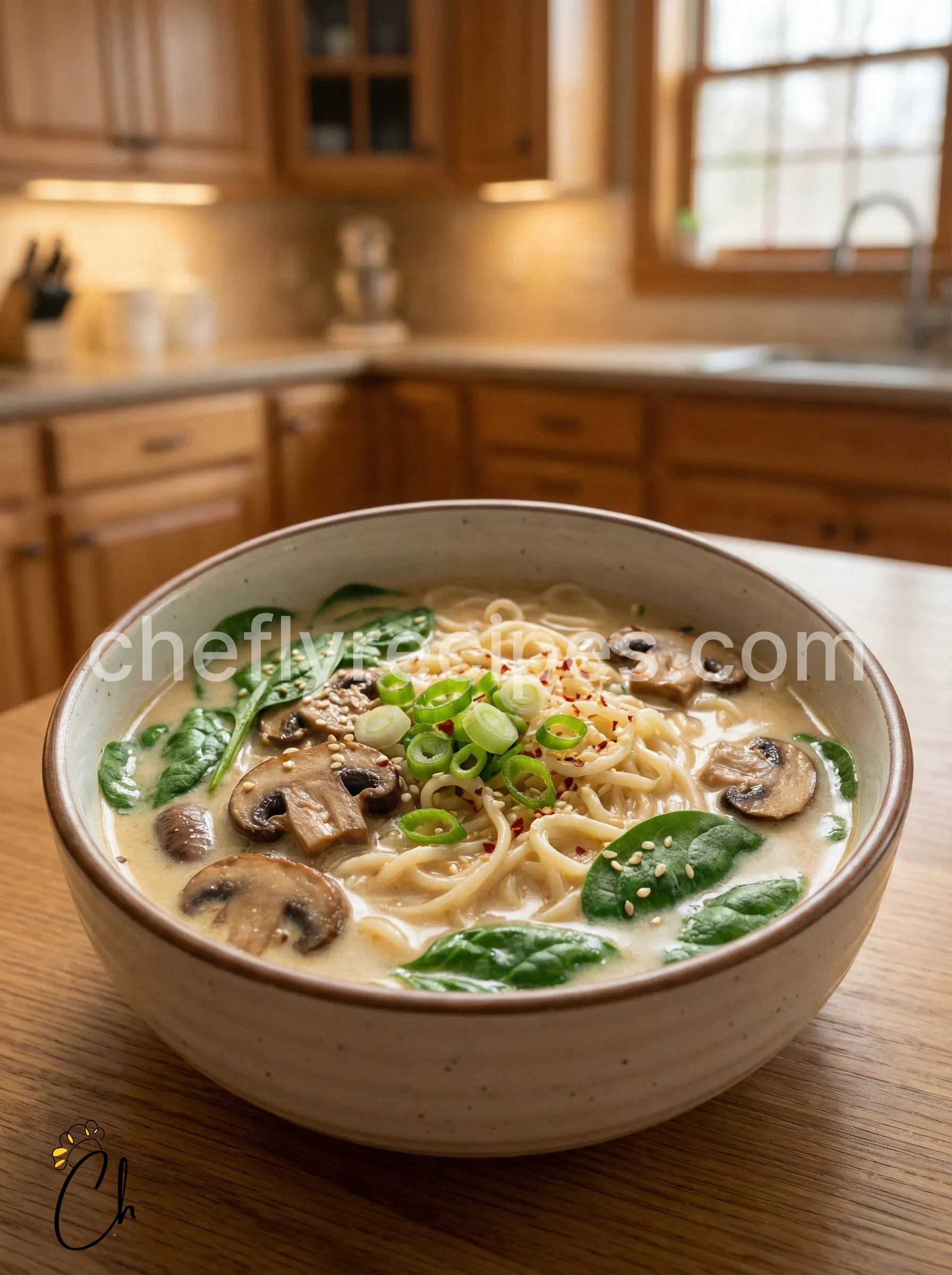 Creamy ramen noodle soup with mushrooms and spinach