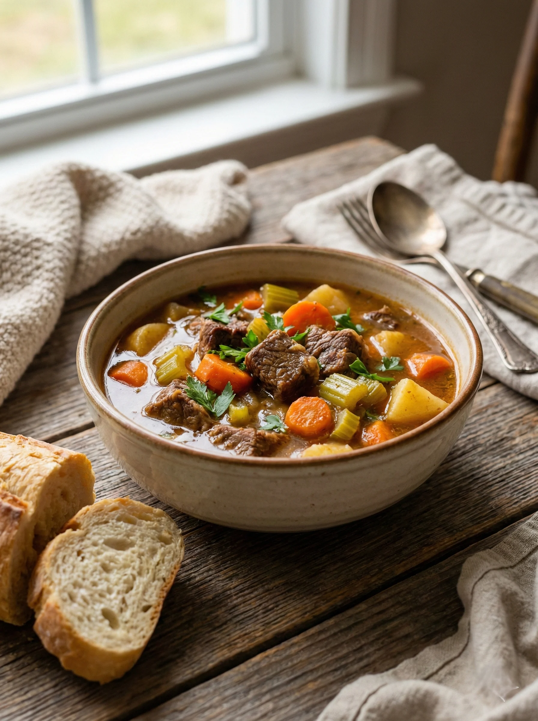 Classic beef stew without wine, use broth plus vinegar