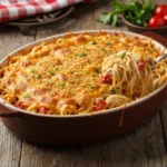 Creamy Rotel chicken spaghetti with cheddar and baked topping