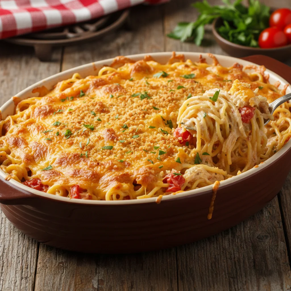 Creamy Rotel chicken spaghetti with cheddar and baked topping