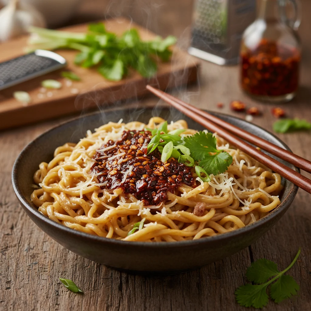 Garlic butter parmesan ramen with crispy chili oil and scallions