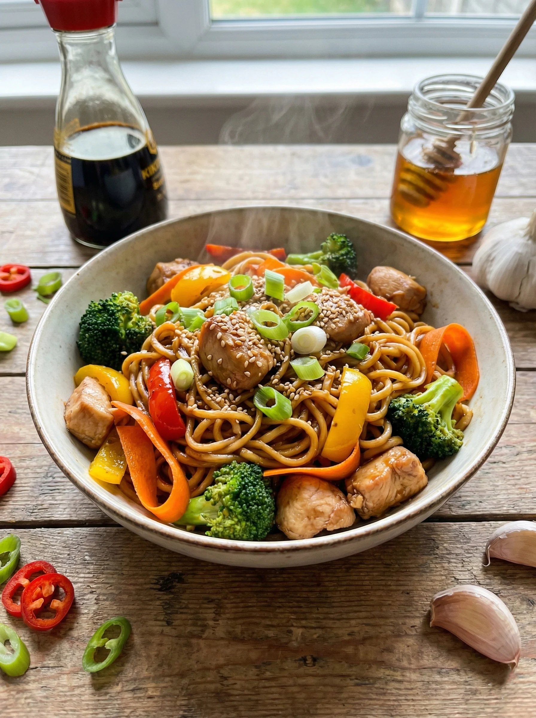15 minute ramen stir fry with honey soy chicken and veggies