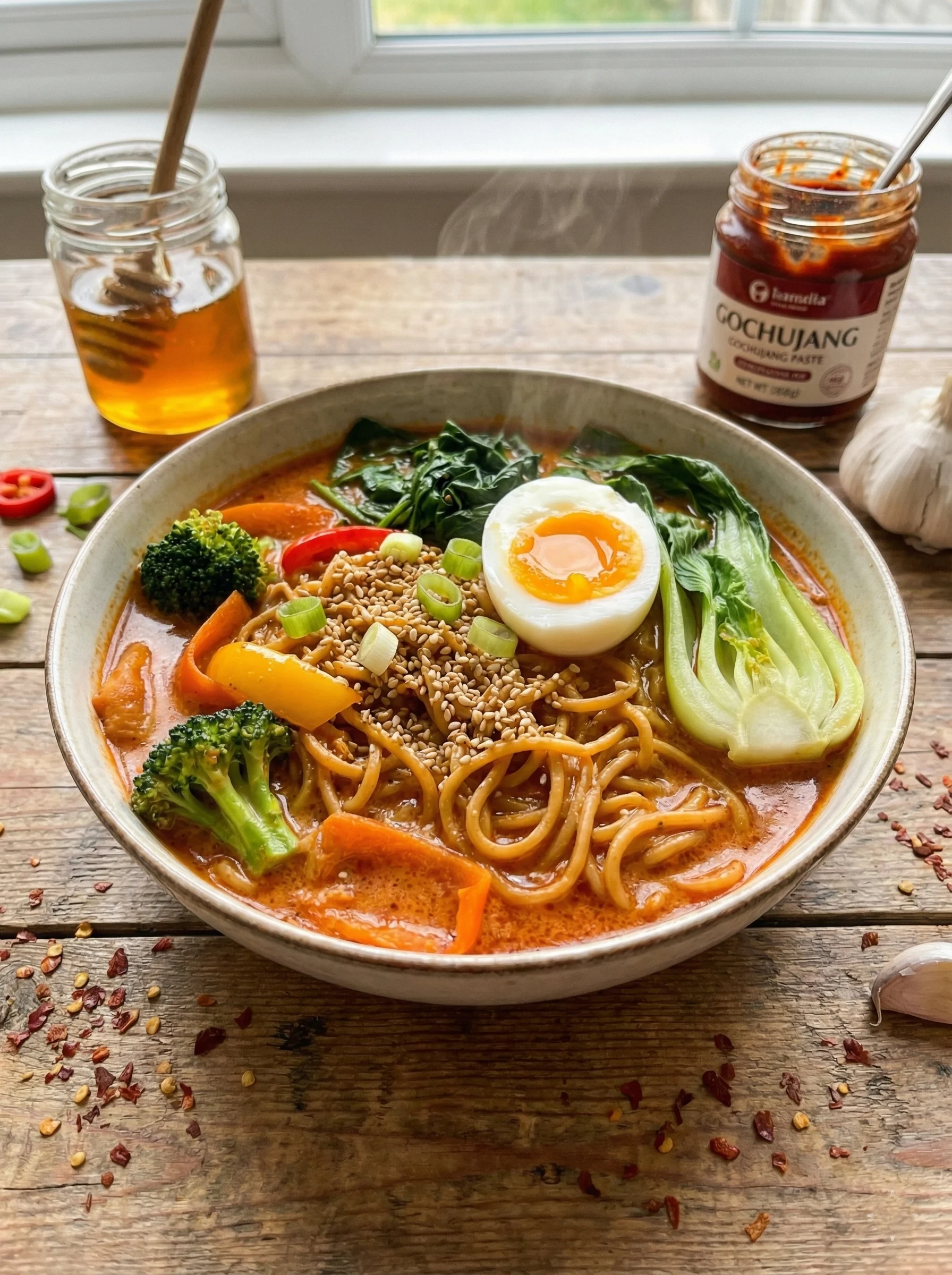 Sticky garlic chicken ramen stir fry with broccoli and peppers