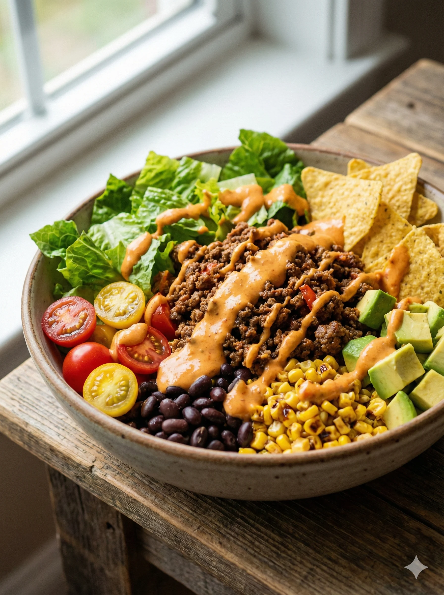 Taco salad with ground beef and creamy salsa dressing