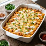 Buffalo chicken pasta bake with ranch drizzle and mozzarella