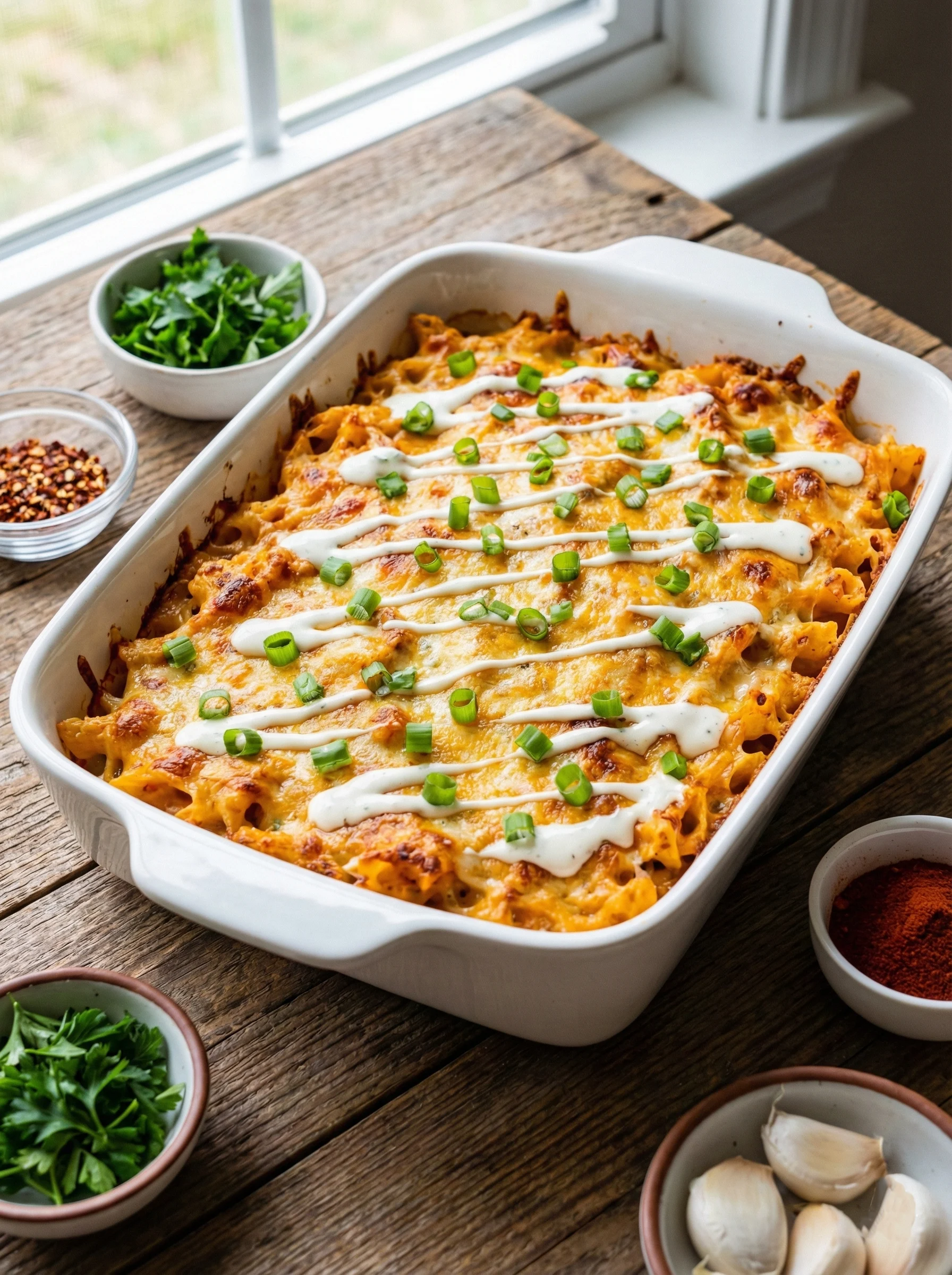 Buffalo chicken pasta bake with ranch drizzle and mozzarella