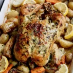 Garlic herb roast chicken with crispy potatoes and lemon