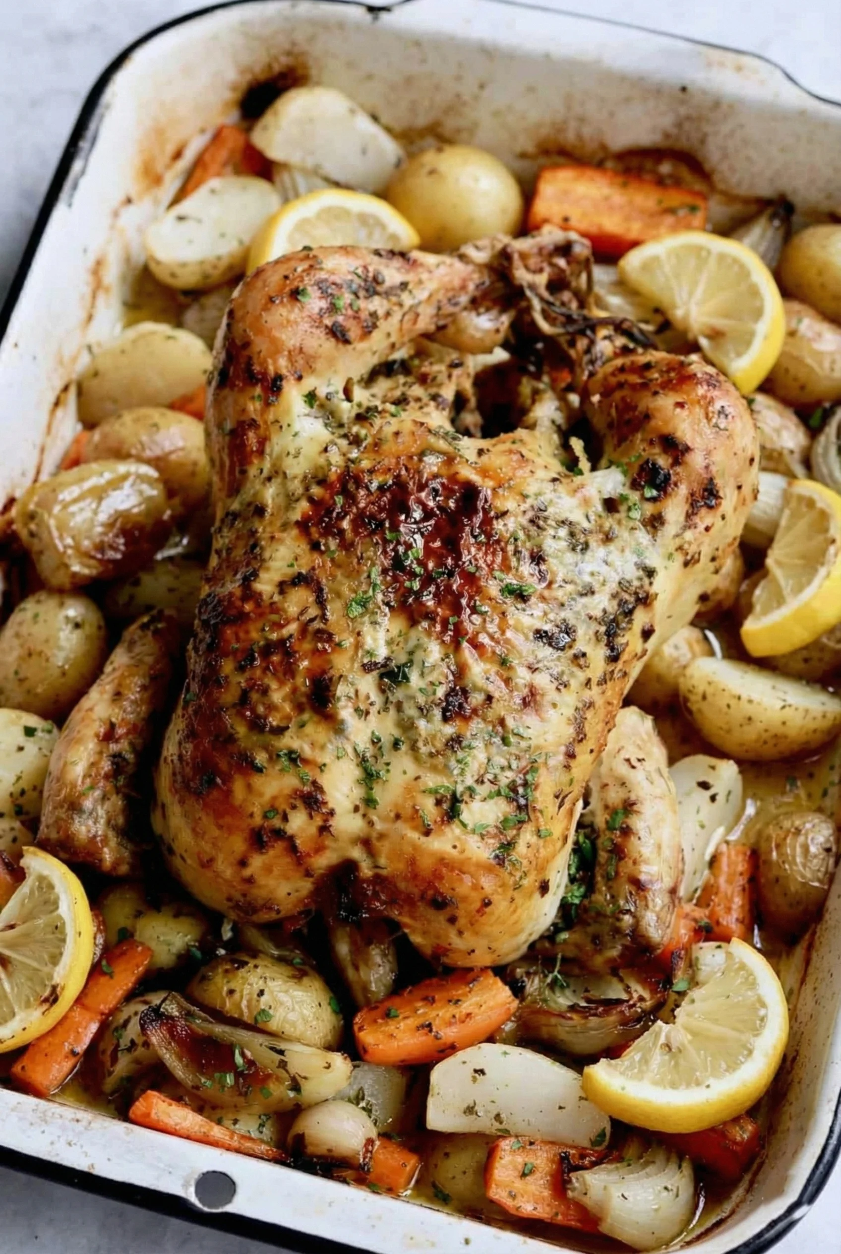 Garlic herb roast chicken with crispy potatoes and lemon