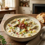 New England clam chowder with turkey bacon, potatoes, and celery