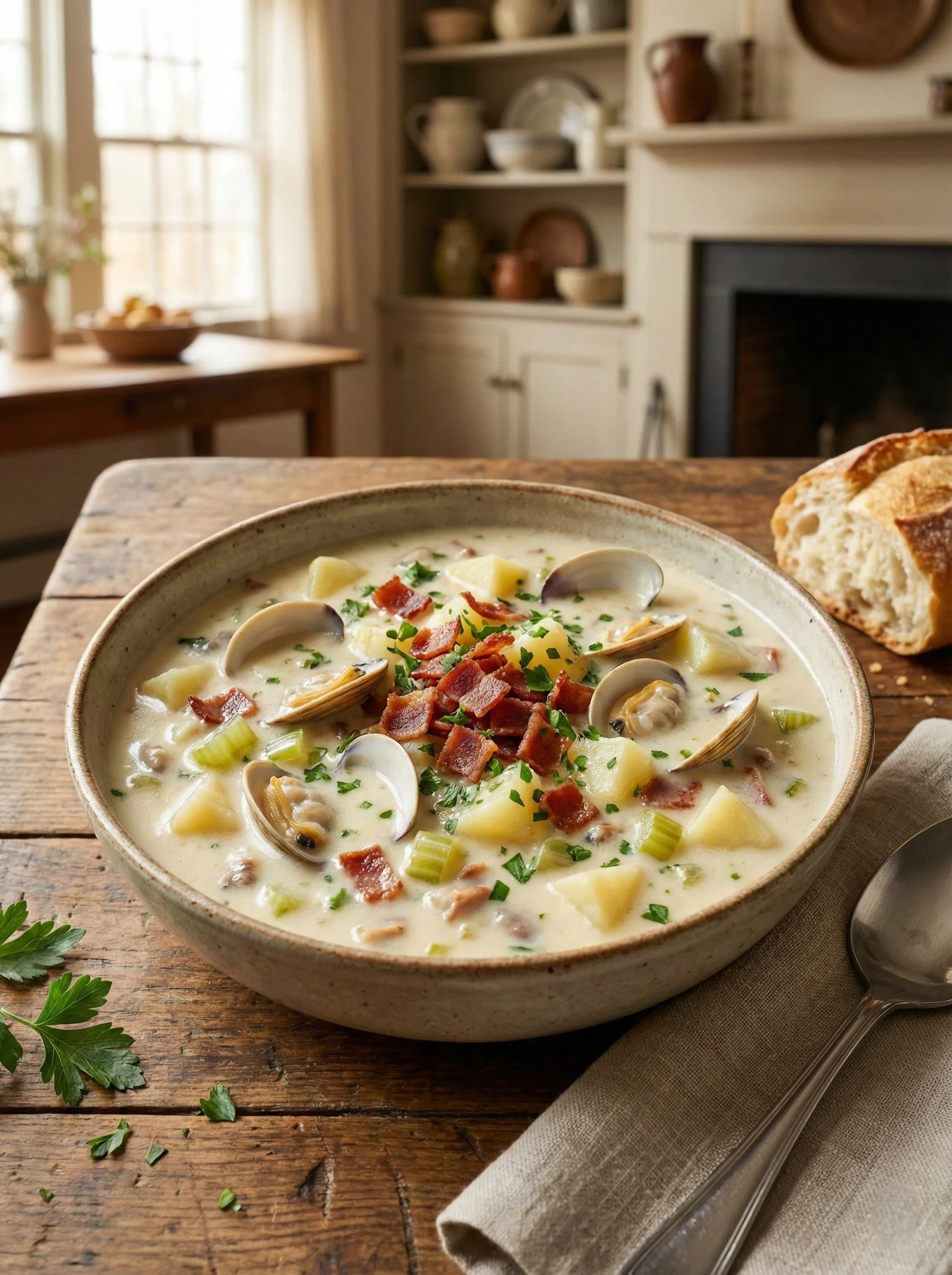 New England clam chowder with turkey bacon, potatoes, and celery