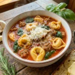Sausage tortellini soup with spinach and parmesan