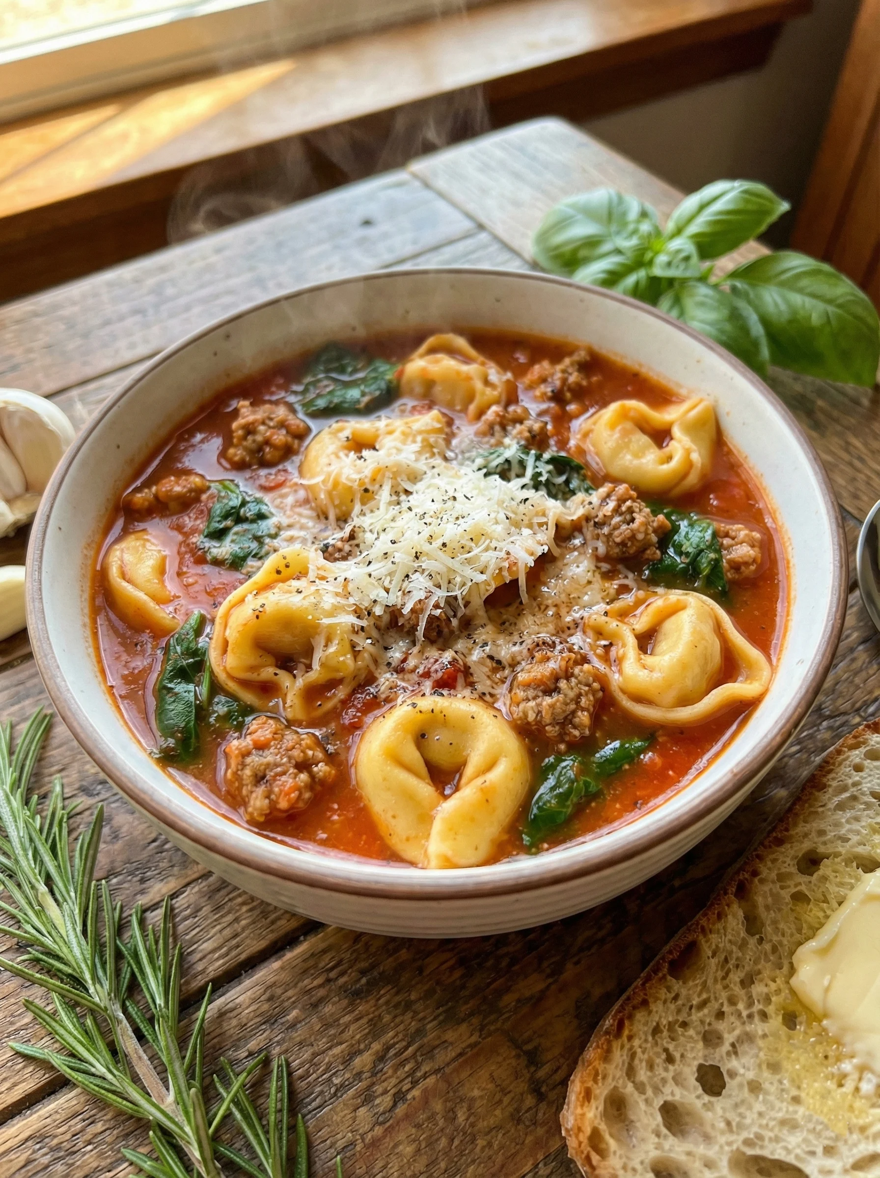 Sausage tortellini soup with spinach and parmesan