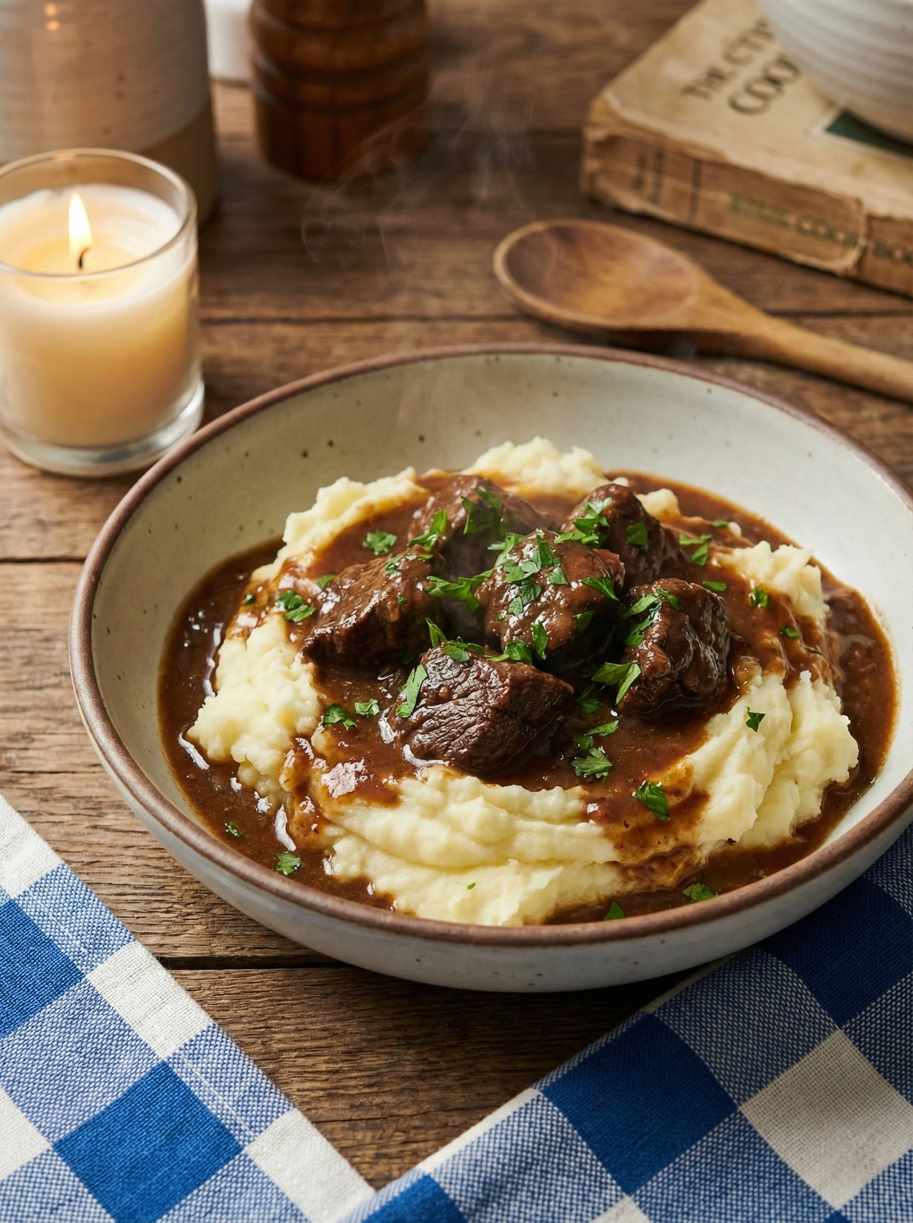 Slow cooker beef tips and gravy over mashed potatoes