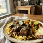 Cubed steak with onion gravy and buttery egg noodles