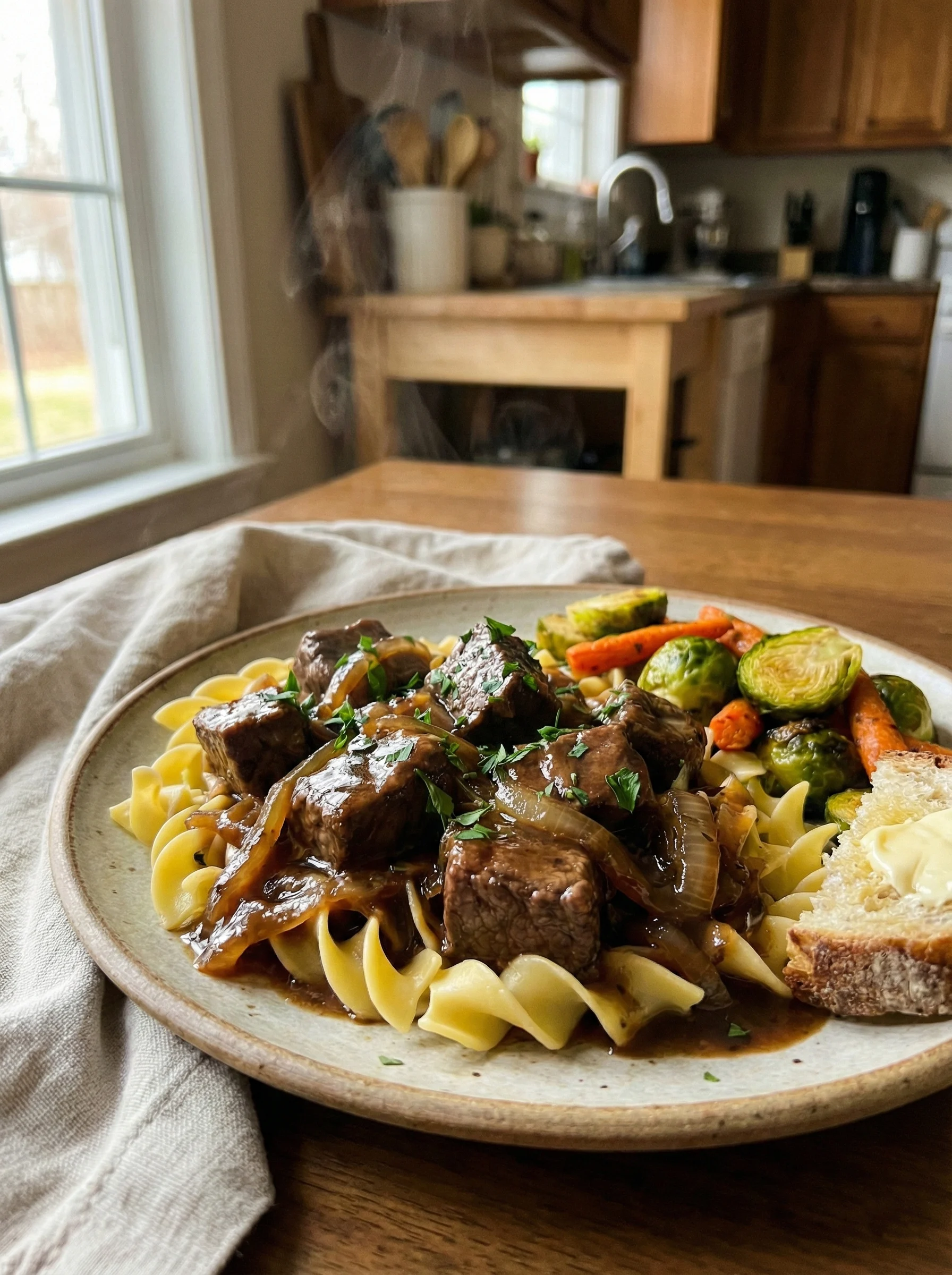 Cubed steak with onion gravy and buttery egg noodles