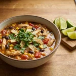 Chicken tortilla soup with roasted corn and black beans