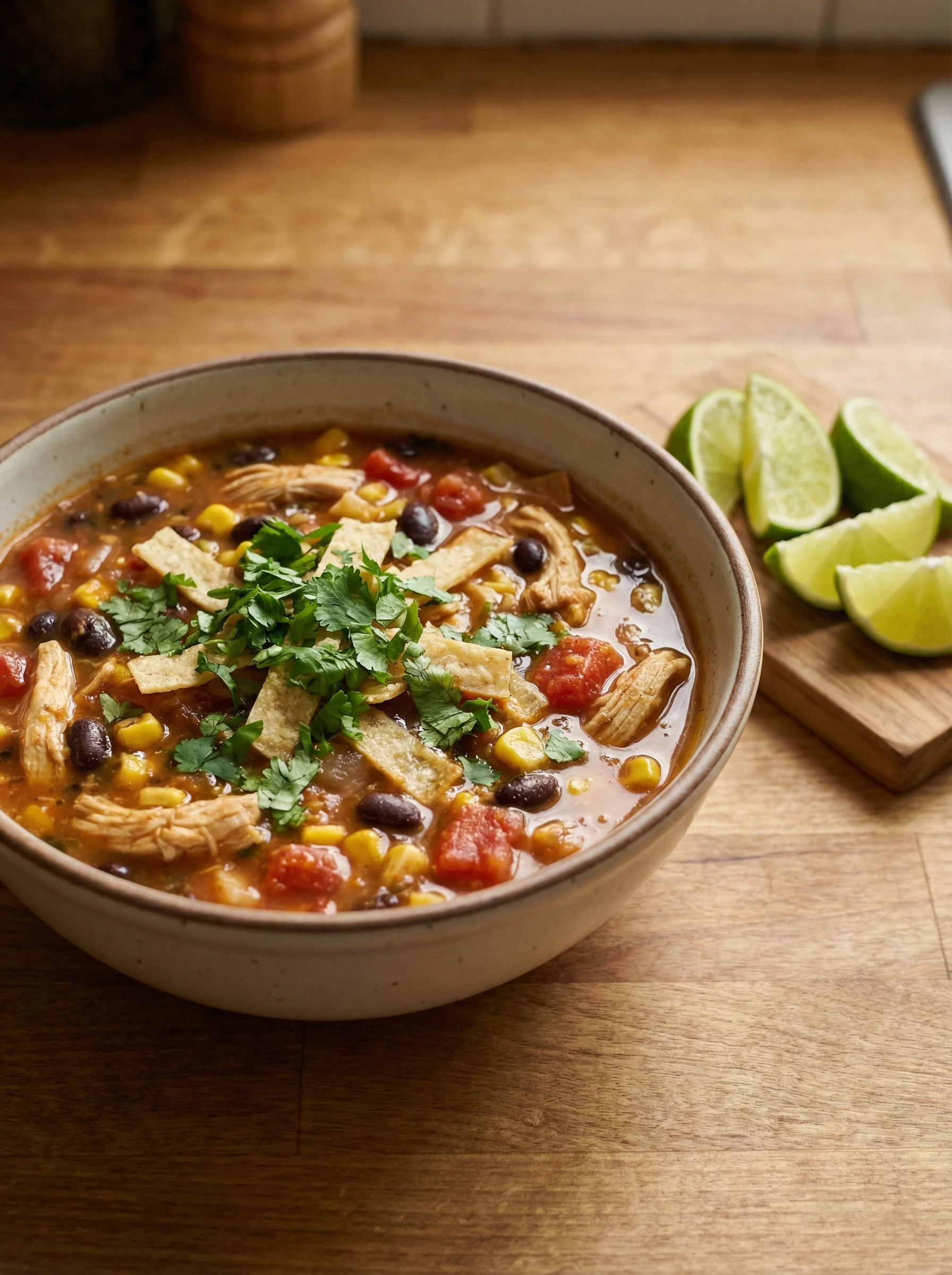 Chicken tortilla soup with roasted corn and black beans