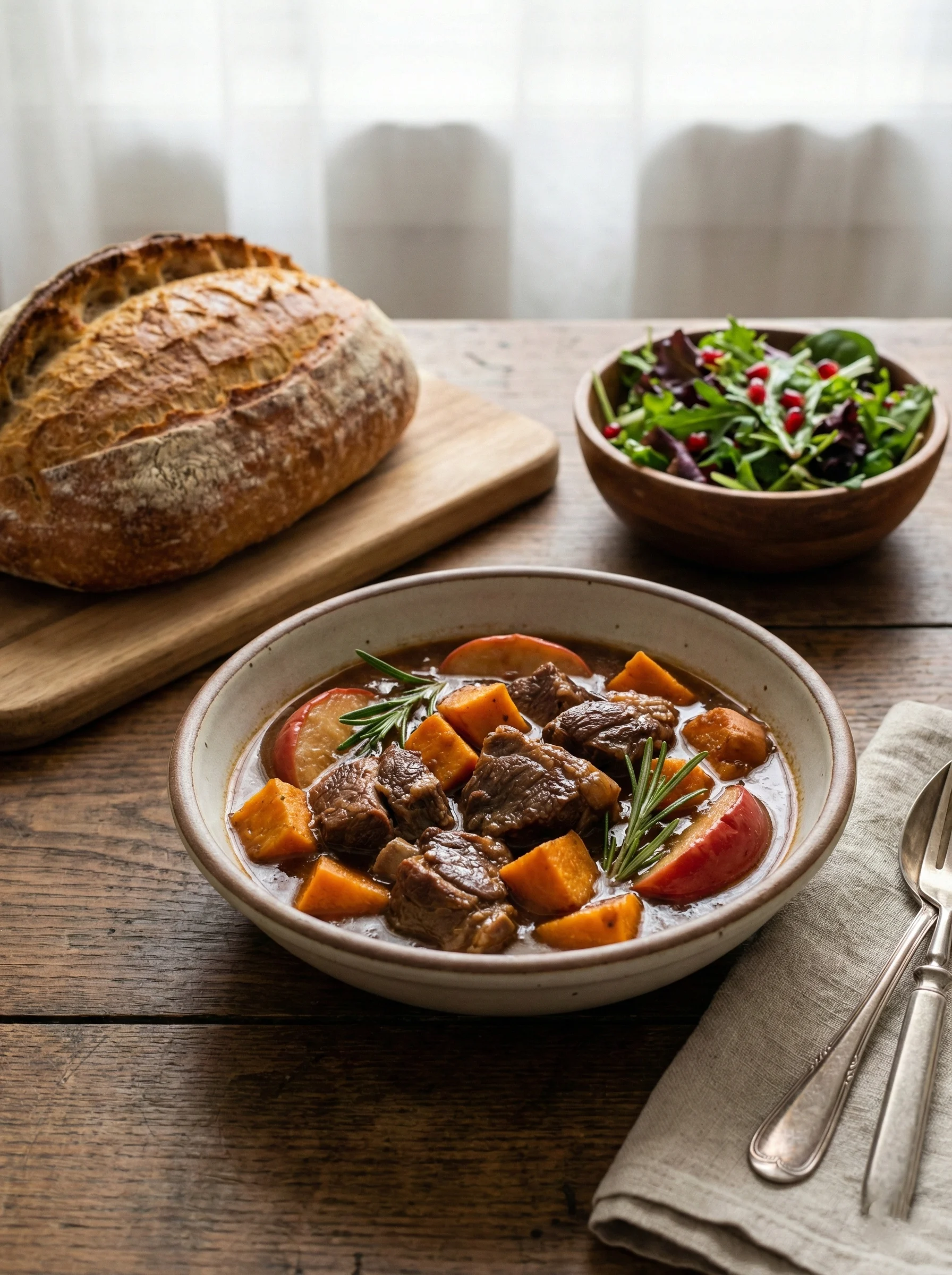 Lamb stew with sweet potatoes, apples, and rosemary