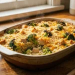 Chicken broccoli rice casserole with cheddar and buttery crumbs