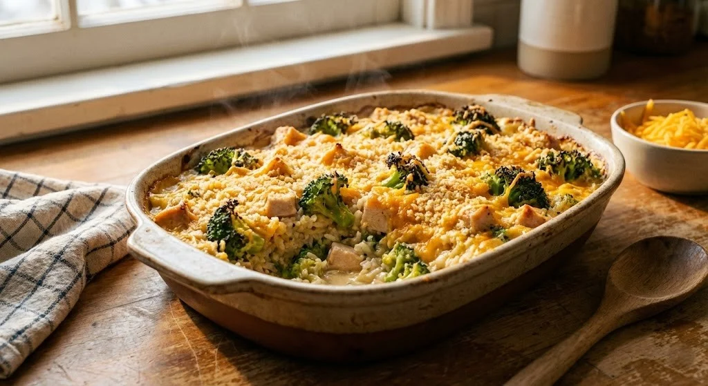 Chicken broccoli rice casserole with cheddar and buttery crumbs