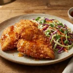 Hot honey crispy chicken breast cutlets with panko and slaw